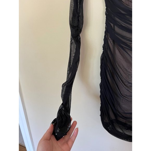 BEBE Mini Dress Womens XS Black Off Shoulder Ruched Bodycon Cocktail Sexy - Picture 9 of 11